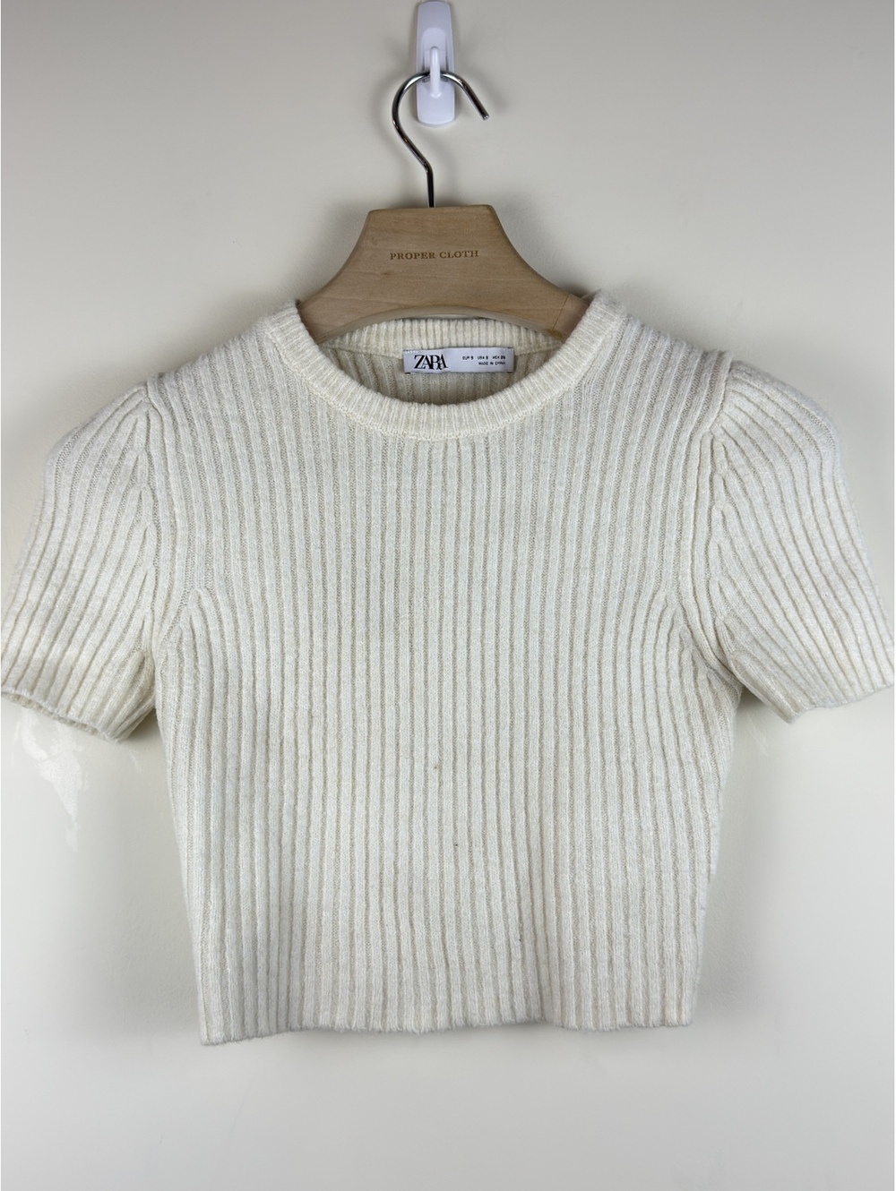 Ivory Ribbed Puff Sleeve Cropped Knit Sweater Zara Wool Blend Top S